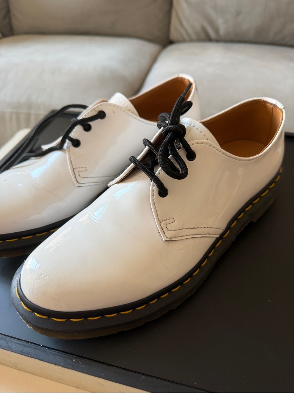Doc Marten White Patent Oxford Derby Shoes with Black Laces